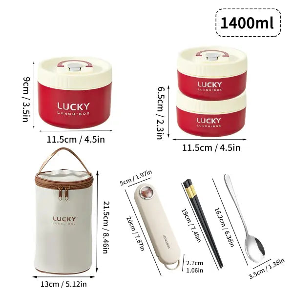 Portable 304 Stainless Steel Thermal Lunch Box Stackable Insulated Bento Box for Kids - 1400ML Red