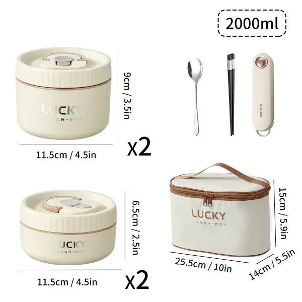 Portable 304 Stainless Steel Thermal Lunch Box Stackable Insulated Bento Box for Kids - 2000ML Beige
