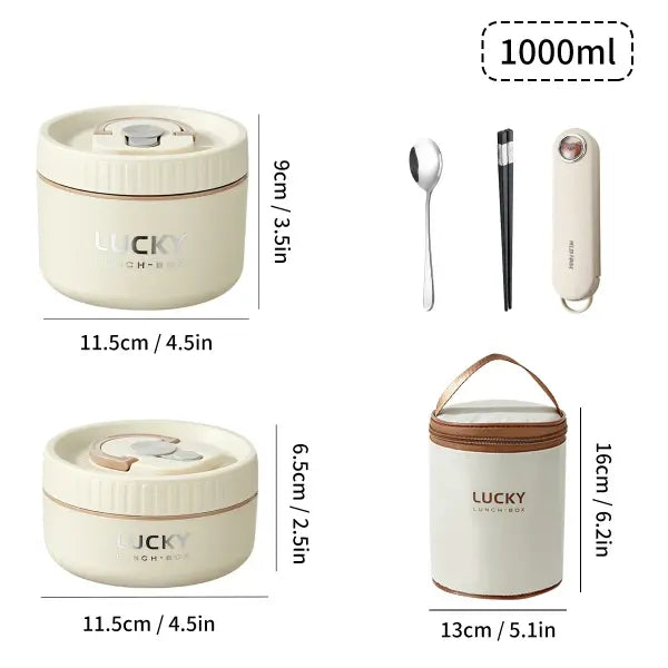 Portable 304 Stainless Steel Thermal Lunch Box Stackable Insulated Bento Box for Kids - 1000ML Beige