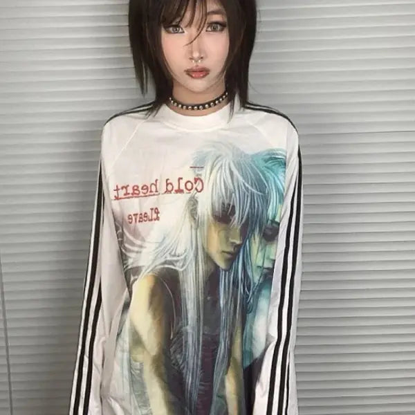 Gothic Anime Cartoon Print Vintage T-Shirt - Harajuku Patchwork Streetwear Drop Shoulder Tee