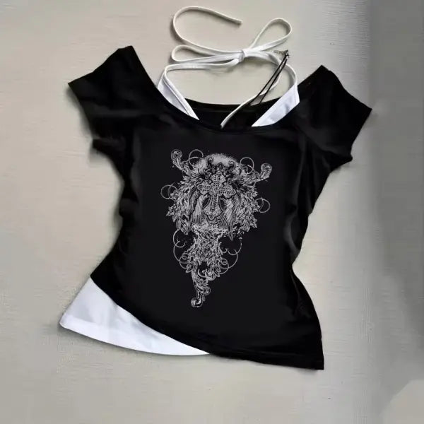 Y2K Aesthetic Pattern Vintage Basic Tee - Retro Graphic Short Sleeve Top for Women Millennium Style - Black 01 / M