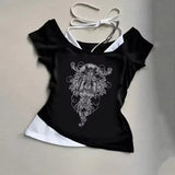 Y2K Aesthetic Pattern Vintage Basic Tee - Retro Graphic Short Sleeve Top for Women Millennium Style - Black 01 / M