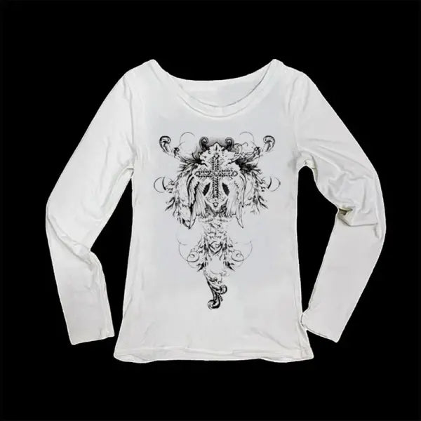 Y2K Aesthetic Pattern Vintage Basic Tee - Retro Graphic Short Sleeve Top for Women Millennium Style - White 03 / S