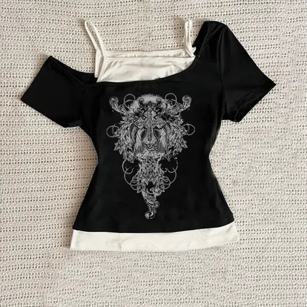 Y2K Aesthetic Pattern Vintage Basic Tee - Retro Graphic Short Sleeve Top for Women Millennium Style - Black 04 / L