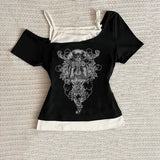 Y2K Aesthetic Pattern Vintage Basic Tee - Retro Graphic Short Sleeve Top for Women Millennium Style - Black 04 / L