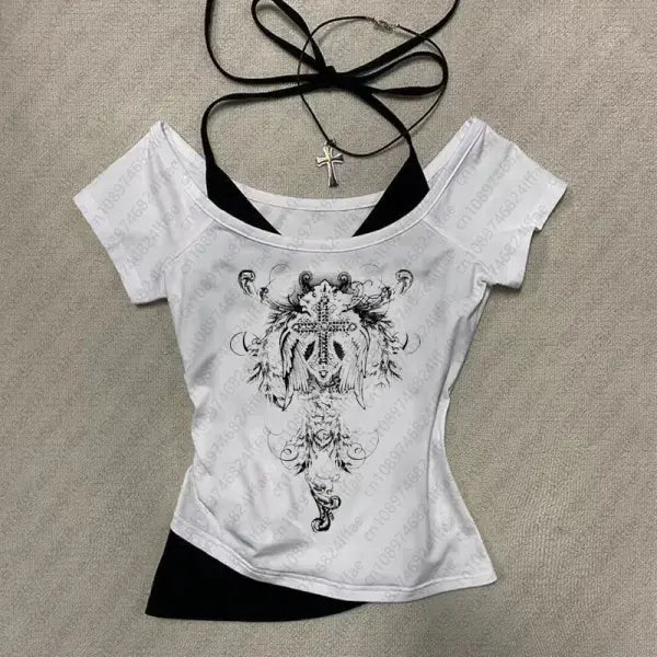 Y2K Aesthetic Pattern Vintage Basic Tee - Retro Graphic Short Sleeve Top for Women Millennium Style - White 01 / S