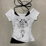 Y2K Aesthetic Pattern Vintage Basic Tee - Retro Graphic Short Sleeve Top for Women Millennium Style - White 01 / S