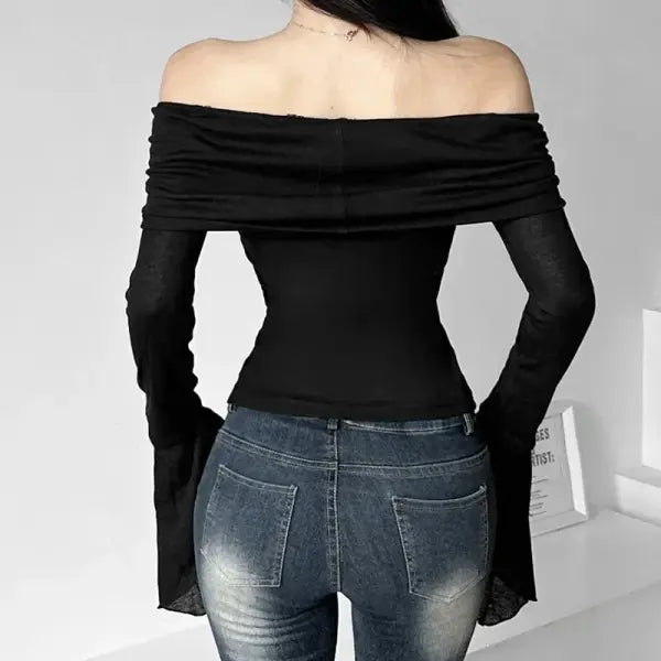 Y2K Aesthetic Off-Shoulder Long Sleeve Tee - Trendy Slash Neck Solid Casual Vintage T-Shirt