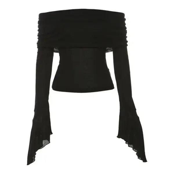 Y2K Aesthetic Off-Shoulder Long Sleeve Tee - Trendy Slash Neck Solid Casual Vintage T-Shirt - Black-J2 / S