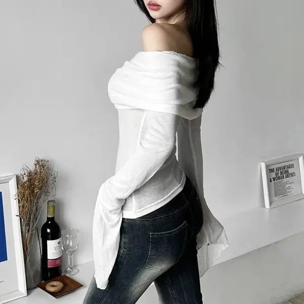 Y2K Aesthetic Off-Shoulder Long Sleeve Tee - Trendy Slash Neck Solid Casual Vintage T-Shirt