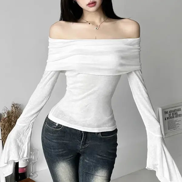 Y2K Aesthetic Off-Shoulder Long Sleeve Tee - Trendy Slash Neck Solid Casual Vintage T-Shirt