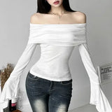 Y2K Aesthetic Off-Shoulder Long Sleeve Tee - Trendy Slash Neck Solid Casual Vintage T-Shirt