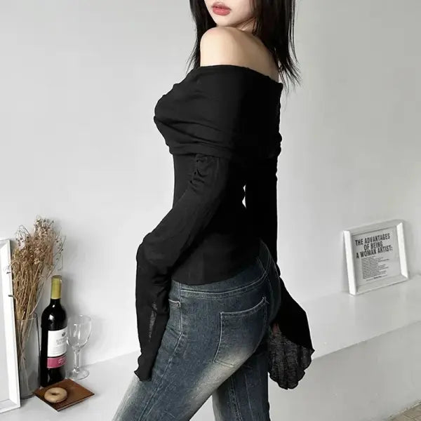 Y2K Aesthetic Off-Shoulder Long Sleeve Tee - Trendy Slash Neck Solid Casual Vintage T-Shirt