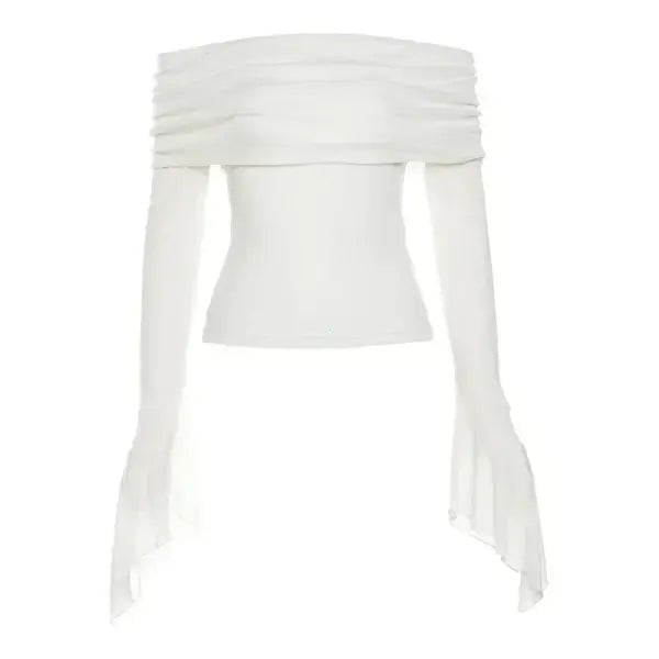 Y2K Aesthetic Off-Shoulder Long Sleeve Tee - Trendy Slash Neck Solid Casual Vintage T-Shirt - White-J1 / L