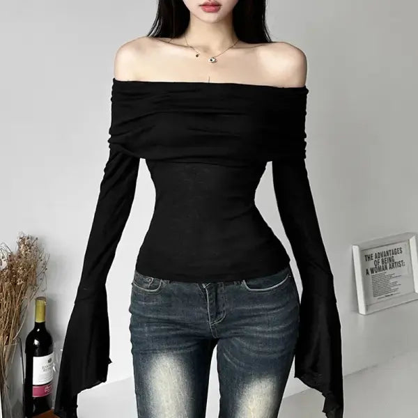 Y2K Aesthetic Off-Shoulder Long Sleeve Tee - Trendy Slash Neck Solid Casual Vintage T-Shirt