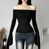 Y2K Aesthetic Off-Shoulder Long Sleeve Tee - Trendy Slash Neck Solid Casual Vintage T-Shirt