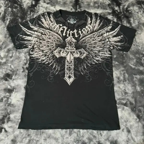 Y2K Affliction Style Oversized T-Shirt - Vintage Punk Hip Hop Graphic Print Cotton Top Women - affliction-1 / XXL