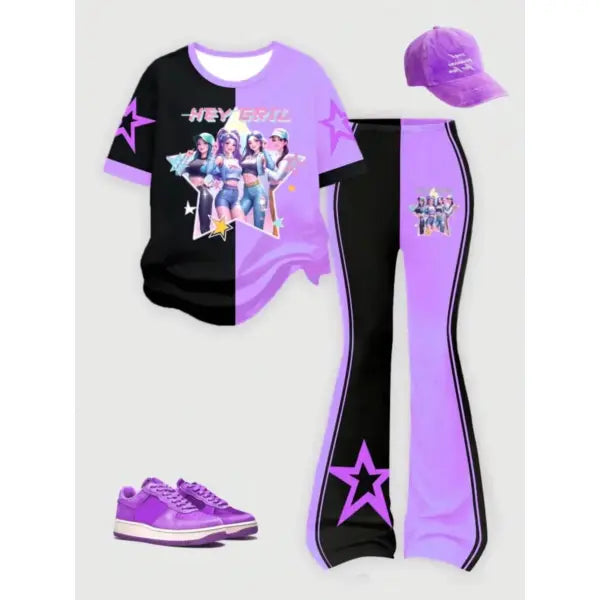 Y2K Flare Pants Girls Outfit Black Purple Graphic Tee