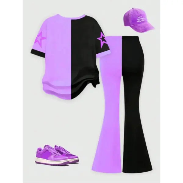 Y2K Flare Pants Girls Outfit Black Purple Graphic Tee
