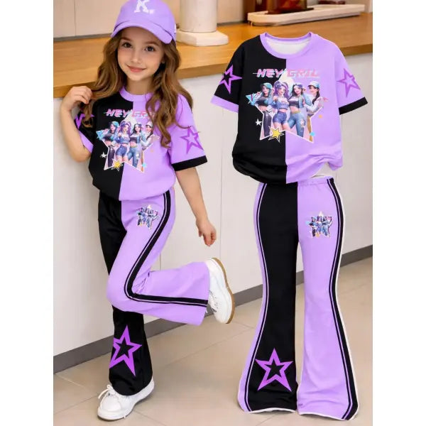 Y2K Flare Pants Girls Outfit Black Purple Graphic Tee