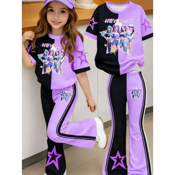 Y2K Flare Pants Girls Outfit Black Purple Graphic Tee - ZI / 11Y
