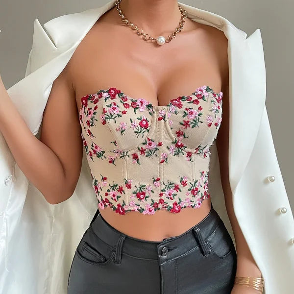 Y2K Floral Embroidered Strapless Corset Crop Top – Sexy Lace Tube Camisole Vest - Himpall