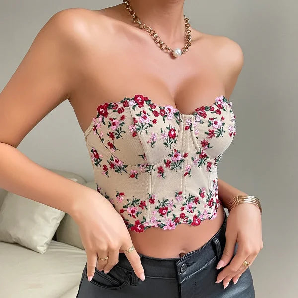 Y2K Floral Embroidered Strapless Corset Crop Top – Sexy Lace Tube Camisole Vest - Himpall