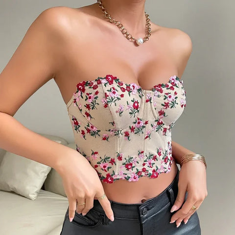 Y2K Floral Embroidered Strapless Corset Crop Top – Sexy Lace Tube Camisole Vest - Himpall