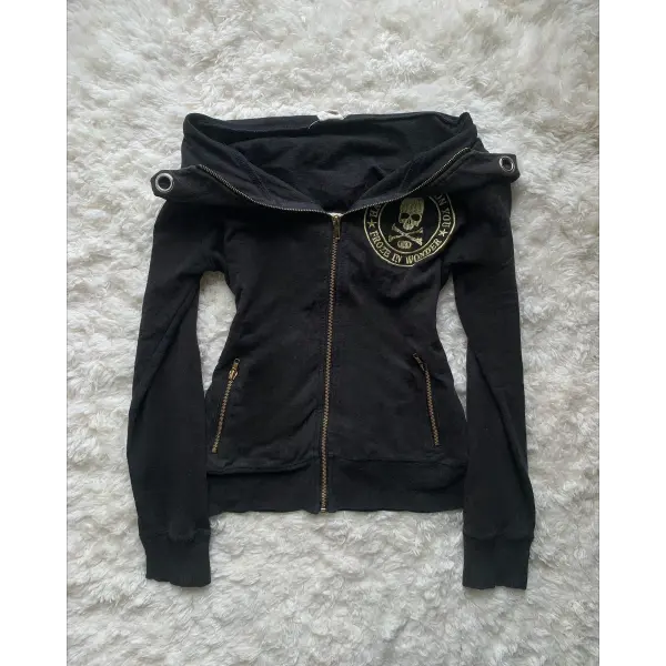 Y2K Gothic Black Zipper Hoodie – Women’s Slim Drawstring Sweatshirt with Harajuku Graphic - 1 / XXL