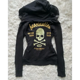 Y2K Gothic Black Zipper Hoodie – Women’s Slim Drawstring Sweatshirt with Harajuku Graphic