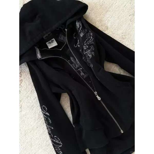 Y2K Gothic Black Zipper Hoodie – Women’s Slim Drawstring Sweatshirt with Harajuku Graphic