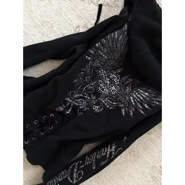 Y2K Gothic Black Zipper Hoodie – Women’s Slim Drawstring Sweatshirt with Harajuku Graphic