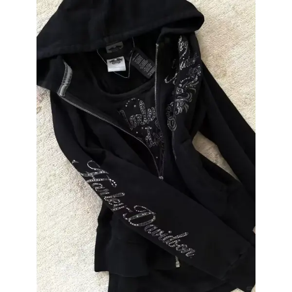 Y2K Gothic Black Zipper Hoodie – Women’s Slim Drawstring Sweatshirt with Harajuku Graphic