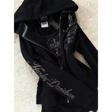 Y2K Gothic Black Zipper Hoodie – Women’s Slim Drawstring Sweatshirt with Harajuku Graphic