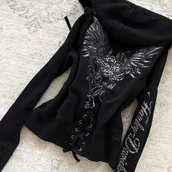 Y2K Gothic Black Zipper Hoodie – Women’s Slim Drawstring Sweatshirt with Harajuku Graphic - 2 / XL