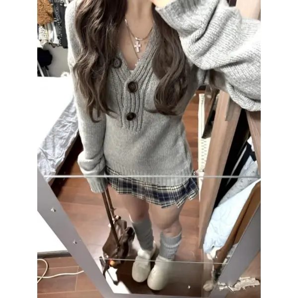 Y2K Gray V-Neck Sweater for Women – Autumn Winter Slim Fit Knitted Pullover - GRAY / XL