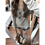 Y2K Gray V-Neck Sweater for Women – Autumn Winter Slim Fit Knitted Pullover - GRAY / XL