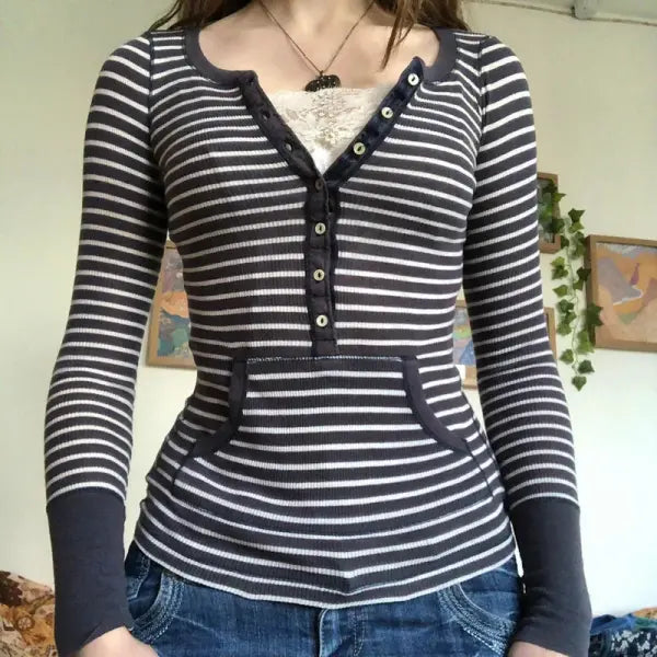 Vintage Striped V-Neck Long Sleeve Tee - Chic Retro Mall Goth Jumper Top for Women Autumn Style - Type 8 / S