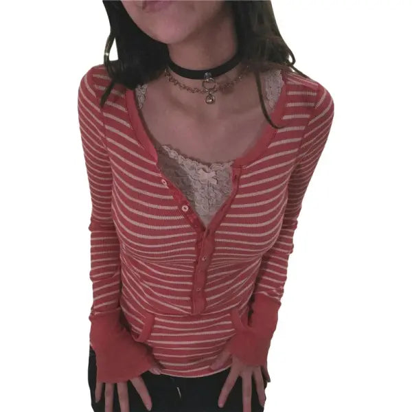 Vintage Striped V-Neck Long Sleeve Tee - Chic Retro Mall Goth Jumper Top for Women Autumn Style - Type 7 / S