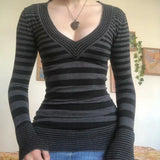 Vintage Striped V-Neck Long Sleeve Tee - Chic Retro Mall Goth Jumper Top for Women Autumn Style