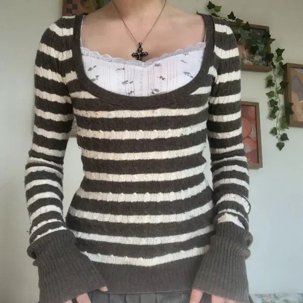 Vintage Striped V-Neck Long Sleeve Tee - Chic Retro Mall Goth Jumper Top for Women Autumn Style - Type 9 / L