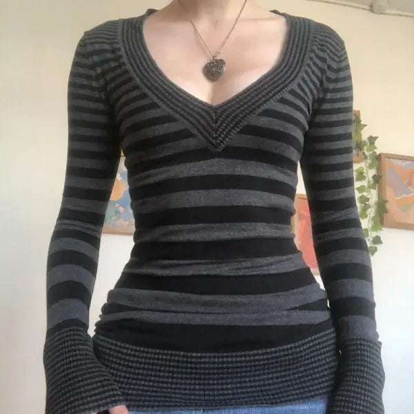 Vintage Striped V-Neck Long Sleeve Tee - Chic Retro Mall Goth Jumper Top for Women Autumn Style - Type 1 / M