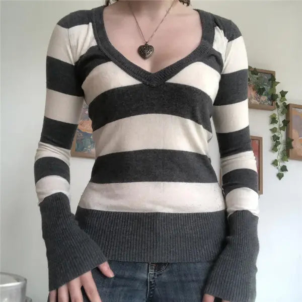 Vintage Striped V-Neck Long Sleeve Tee - Chic Retro Mall Goth Jumper Top for Women Autumn Style - Type 4 / M