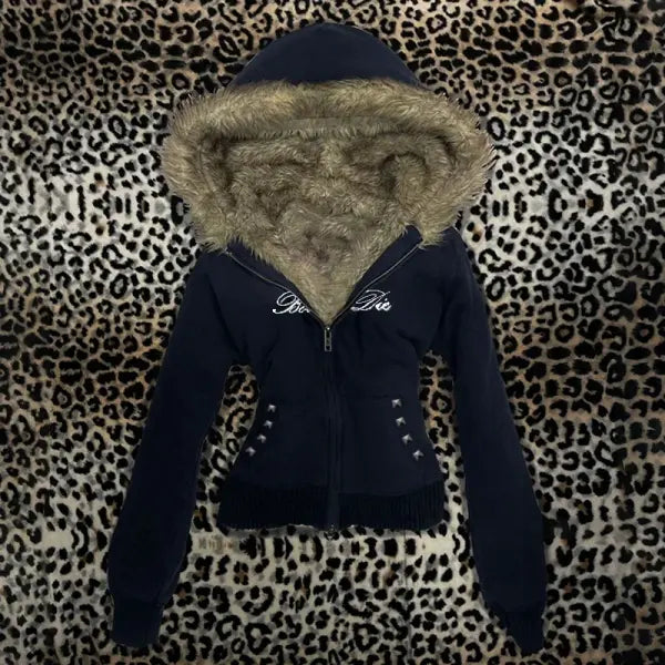 Y2K Harajuku Women’s Fur Collar Hoodie – Slim Chic Goth Punk Streetwear Sweatshirt - Black1 / XXL