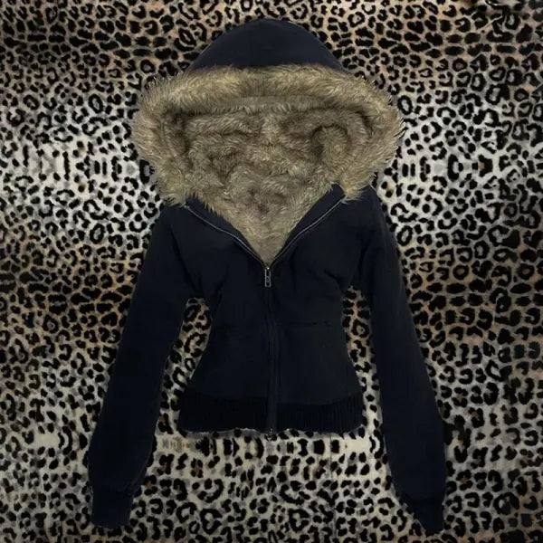 Y2K Harajuku Women’s Fur Collar Hoodie – Slim Chic Goth Punk Streetwear Sweatshirt - Black3 / S