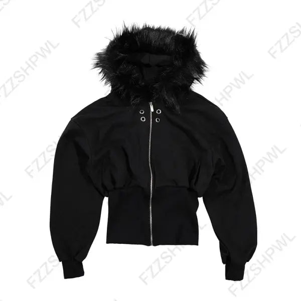 Y2K Harajuku Women’s Fur Collar Hoodie – Slim Chic Goth Punk Streetwear Sweatshirt - Black5 / M