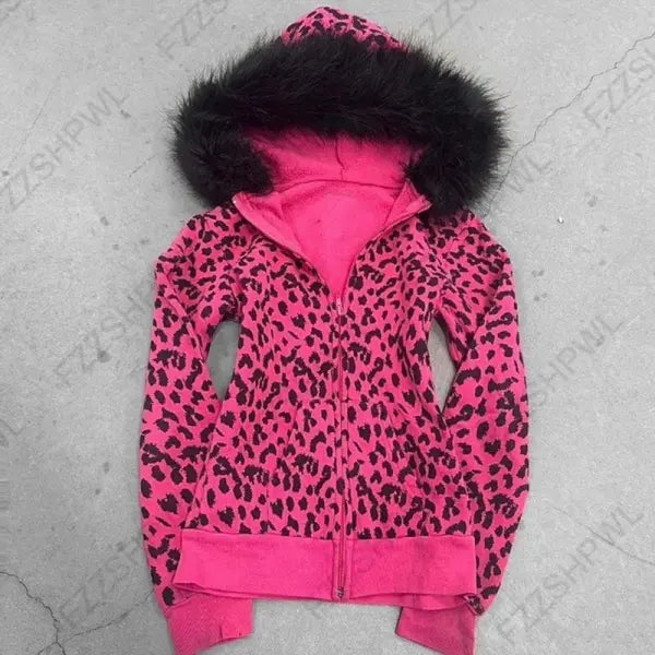 Y2K Harajuku Women’s Fur Collar Hoodie – Slim Chic Goth Punk Streetwear Sweatshirt - Rose red / M