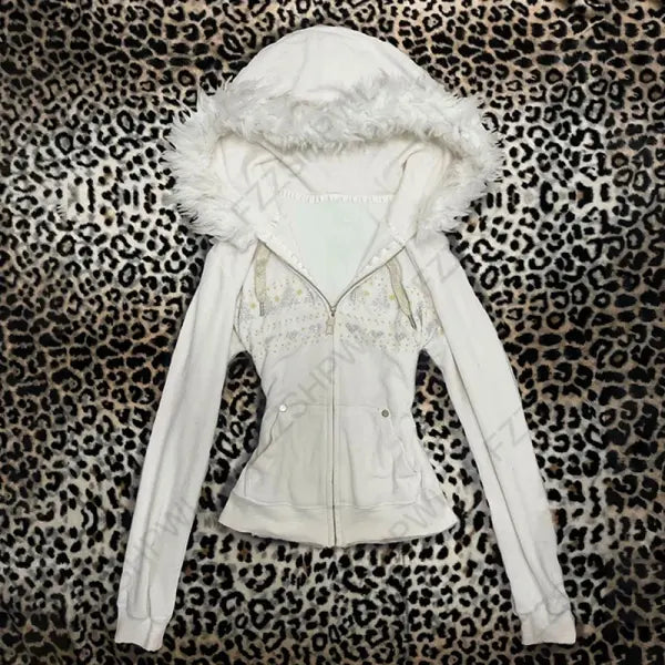 Y2K Harajuku Women’s Fur Collar Hoodie – Slim Chic Goth Punk Streetwear Sweatshirt - White / S
