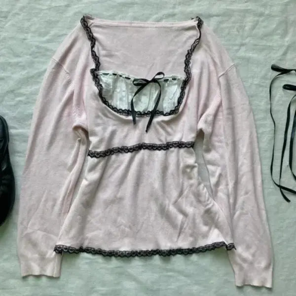 Y2K Pink Coquette Lace Baby Tee - Cute Maiden Sweet Harajuku Slim Top & Vintage Chic Shirt - Pink / XL