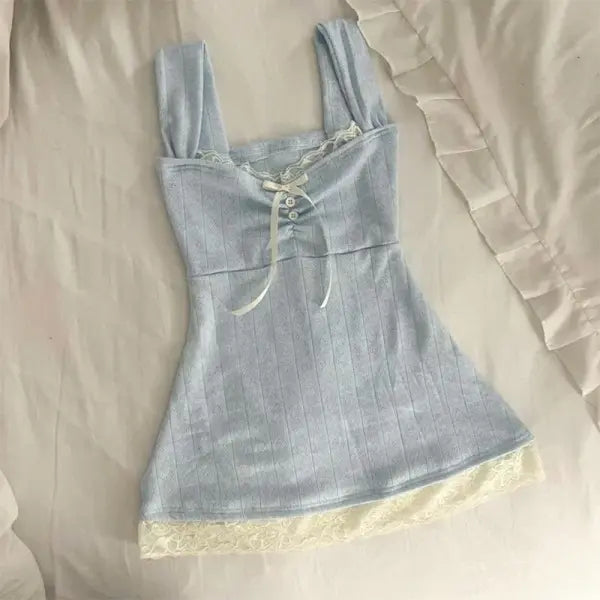 Y2K Pink Coquette Lace Baby Tee - Cute Maiden Sweet Harajuku Slim Top & Vintage Chic Shirt - Blue / XL